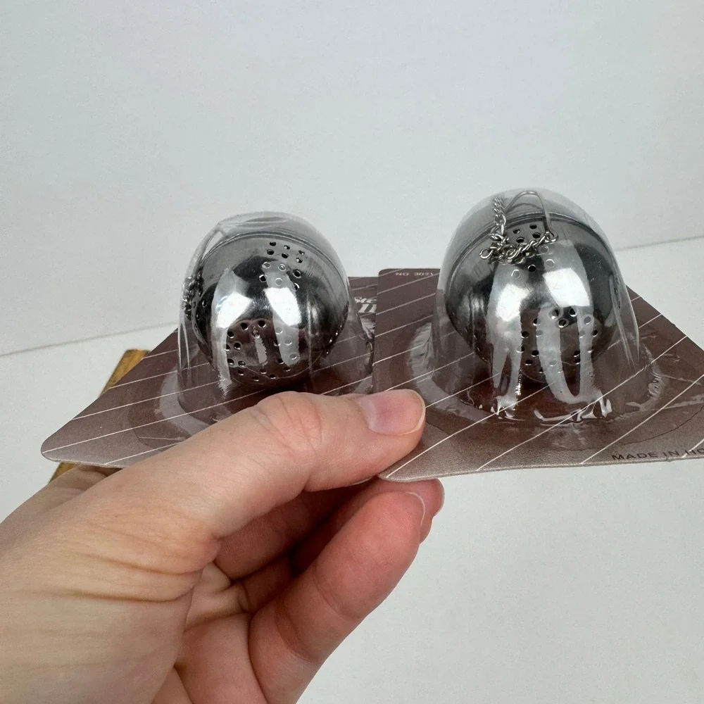 2 Vtg Sealed Stainless Steel Tea Ball Loose Leaf Tea Bag Infuser w hanging chain